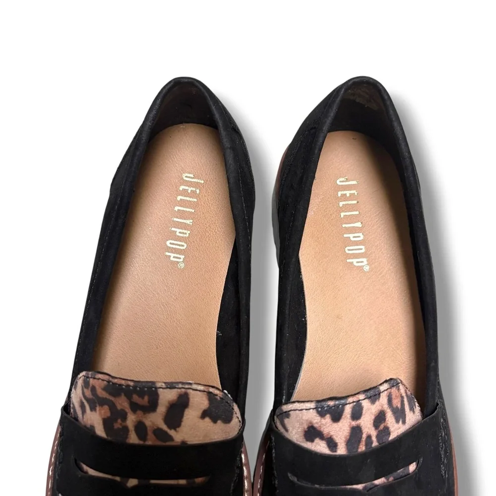 Jellypop Womens Black Leopard Print Lug Sole Penny Loafers Platform Shoes 9.5M